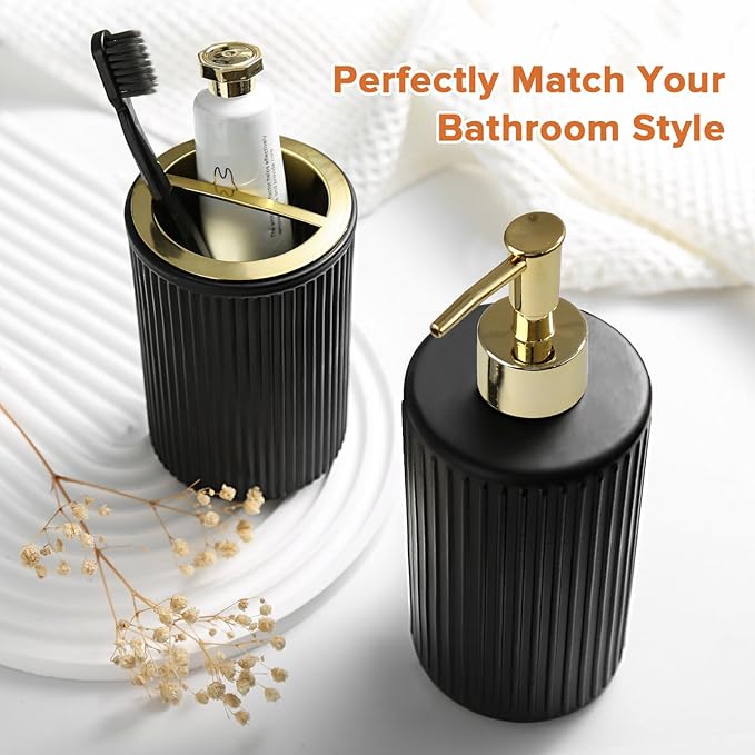 RYTOXILO Matte Black and Gold Bathroom Accessories Set, 4 Pack Glass Bath Accessory Sets Complete, Ribbed Soap Dispenser and Toothbrush Holder Set with 2 Qtip Holders, Modern Gold Bathroom Decor
