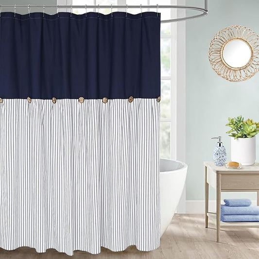 DOSLY Ides Farmhouse Navy Blue Shower Curtain for Bathroom, Beige and Navy Stripe, Button Curtain, Cotton Blend Woven Fabric, Rustic Charm Country Chic Style, 72x72 in