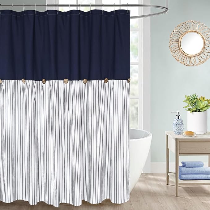 Farmhouse Navy Blue Shower Curtain for Bathroom,Beige and Navy Stripe,Button Curtain,Cotton Blend Woven Fabric,Rustic Charm Country Chic Style,72x84 in