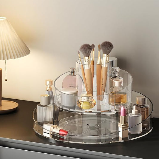 360° Rotating Makeup Organizer - Cosmetic Skincare Organizers wish Brush Holder, Large Capacity Cosmetic Display Case for Vanity, Bathroom Countertop (Clear)