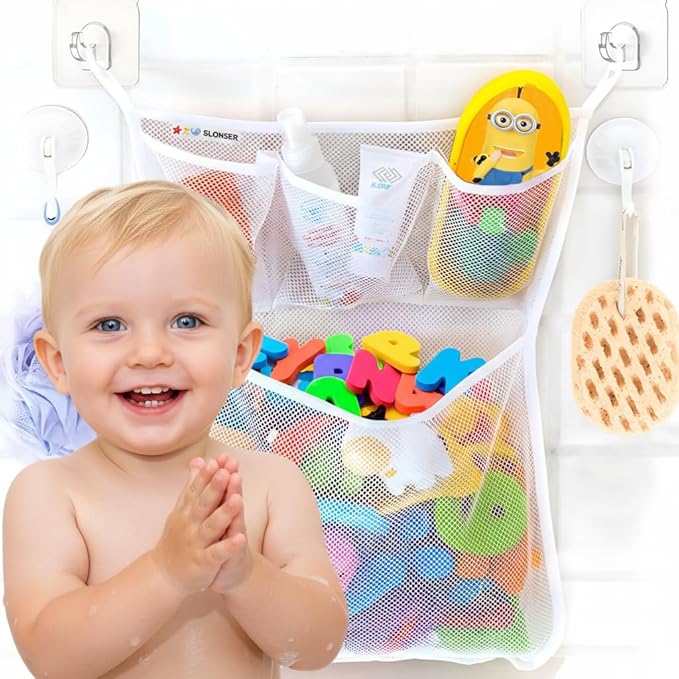 Bath Toy Storage Organizer ?€? Large Mesh Bath Toy Holder & Bath Toy Net for Tub, Quick Dry Bathtub Bag with 2 Strong Suction Cups, 2 Adhesive Hooks, Quick-Dry Hanging Shower Cubby Basket, 14x20 Inch