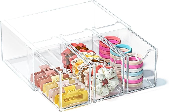Hair Accessories Organizer for Girls, Clear Acrylic Hair Tie Bow Claw Clip Scrunchie Holder with 3 Drawers, Cute Stackable Storage Container Caddy Box for Bathroom Vanity Countertop