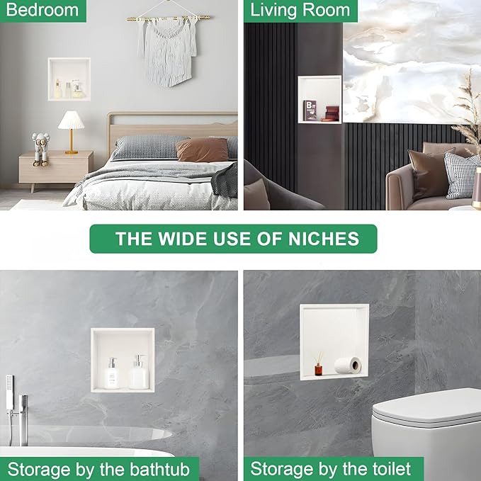 SaniteModar Shower Niche, Stainless Steel Shower Niche No Tile Needed, Recessed for Bathroom Storage (Warm White, 12x12)