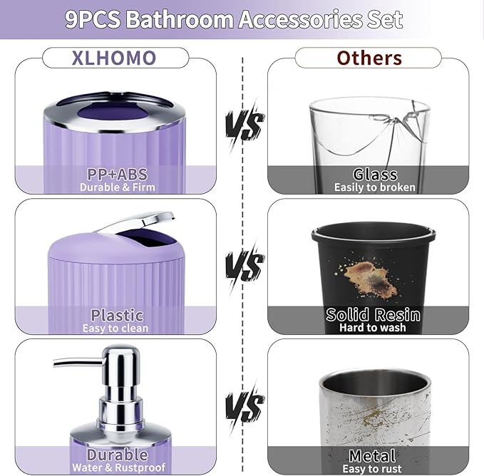 XLHOMO 9PCS Purple Bathroom Accessories Set Complete with Trash Can, Vanity Tray, Soap Dispenser, Soap Dish, Toothbrush Holder, Toothbrush Cup, Toilet Brush and Qtip Holders
