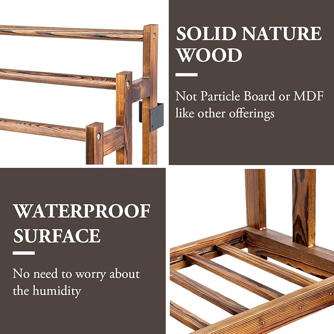 MyGift Free Standing Towel Rack, Wooden 3-Tier Quilt Rack, Bath Towel Drying Stand, Blanket Holder with Bottom Storage Shelf, for Bathroom, Living Room, Rustic Dark Brown