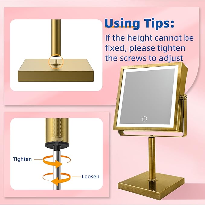 Ruacq Makeup Mirror with Lights, 4000mAh Rechargeable Magnifying Mirror with Light, 1X/10X, Height Adjustable Bathroom Vanity Mirror, 3 Colors, Adjustable Brightness (Antique Brass)