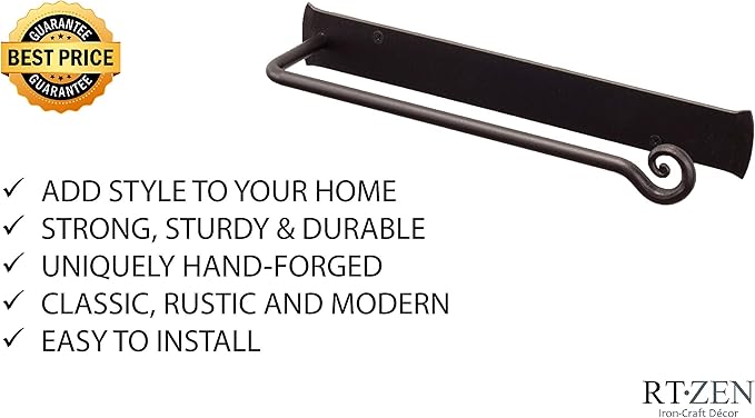 RTZEN Matte Black Hand Towel Holder for Bathroom - Handcrafted Farmhouse Wrought Iron Metal Kitchen Bar - Small Hand Towel Bar Hanger for Home or Office - Wall Mounted Rack Fits 10" Towels