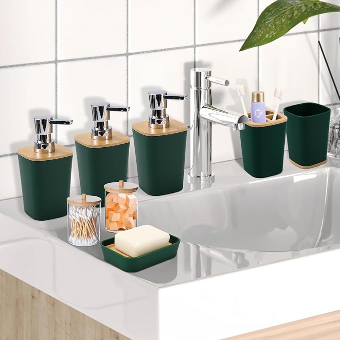 XLHOMO Dark Green Bathroom Accessories, Green Bathroom Accessories Set with Trash Can, Soap Dispenser, Toothbrush Holder, Toothbrush Cup, Soap Dish, Toilet Brush, Tray and Q-tip Holders