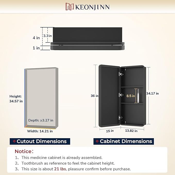 Keonjinn 15 x 36 Inch Black Slim Medicine Cabinets, Narrow Bathroom Side Medicine Cabinet with Mirror, Stainless Steel Framed, Adjustable Shelves, Recessed or Wall Mount, Modern Farmhouse
