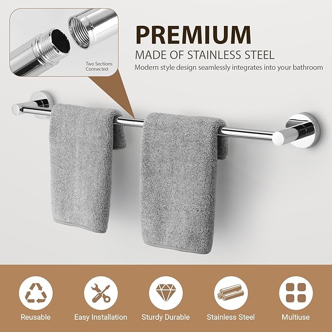 Bathroom Hardware Set 4 Piece – 24 Inch Towel Bar Set,Rustproof Stainless Steel Bathroom Accessories Kit with Towel Ring, Toilet Paper Holder & Robe Hook, Wall Mounted Bathroom Fixtures Set