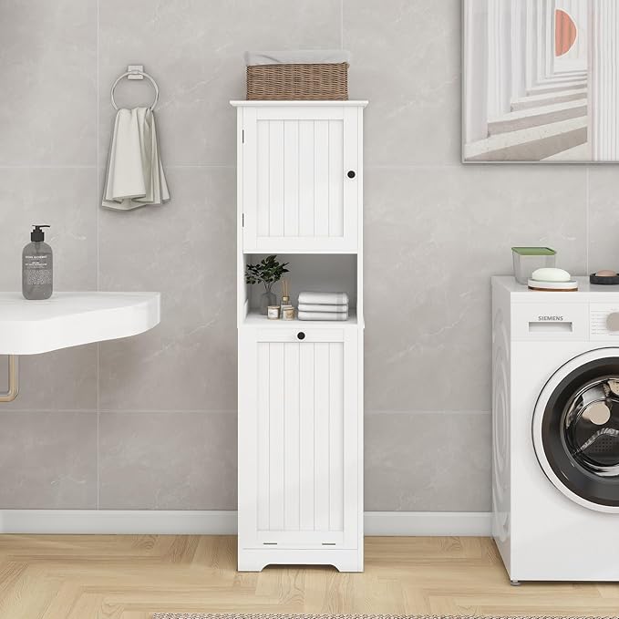 Locsear Tilt Out Laundry Hamper Cabinet, 55" Tall Bathroom Storage Cabinet Laundry Cabinet with Shelves and Clothes Basket, Hamper Cabinet Shelf for Laundry Room Bathroom Organizer, White