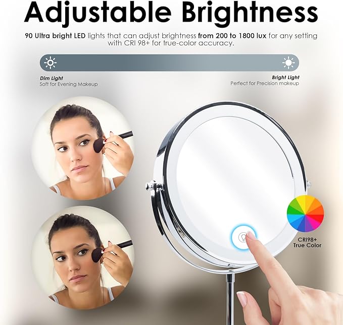 Magnifying Mirror with Light，1X/10X Double Sided Makeup Mirror with Lights and Magnification with Adjustable Height and 3 Colors Vanity Mirror with Lights for Vanity or Bathroom