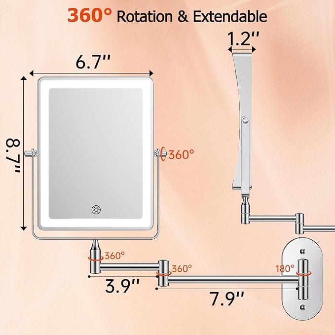 FUNTOUCH 5000mAh Rechargeable Wall Mounted Makeup Mirror with Lights, 8.7" Double Sided 1X/30X Magnifying Mirror with Dimmable 3 Color Light, Extended Swing Arm 360° Wall Mount Bathroom Vanity Mirror