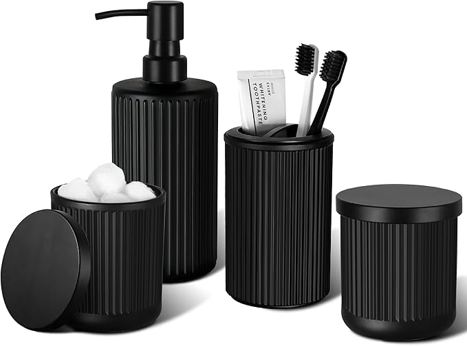 KASUNTING Matte Black Bathroom Accessories Set, 4 Pcs Glass Bathroom Accessory Set, Soap Dispenser, Toothbrush Holder, Qtip Holder Set, Bathroom Sets Complete, Bathroom Sink Set for Modern Home Decor