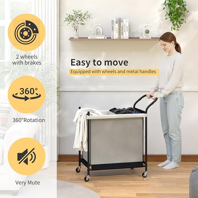 Laundry Hamper with Wheels,Laundry Basket with Removable and Washable Liner Bag, Metal-frame Laundry Cart with Handle for Bedroom, Bathroom, Dorm Room, Laundry Room (120L)