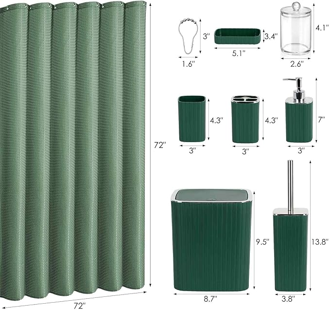 Bathroom Accessories Set - 20PCS Green&Silver Bathroom Set with Shower Curtain, Trash Can, Soap Dispenser, Soap Dish, Toilet Brush, Toothbrush Holder, Tumbler Cup, Q-tip Holders