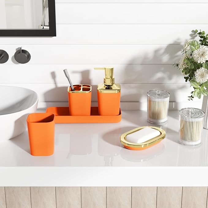 XLHOMO Bathroom Accessories Set - 25PC Bathroom Set with Shower Curtain and Rugs, Orange Bathroom Set, Bathroom Accessory Set with Press-on Lid Trash Can, Soap Dispenser and Qtip Holders