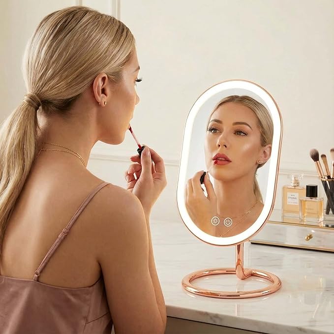Fancii LED Lighted Vanity Makeup Mirror, Rechargeable - Cordless Illuminated Cosmetic Mirror with 3 Dimmable Light Settings, Dual Magnification - Vera (Rose Gold)
