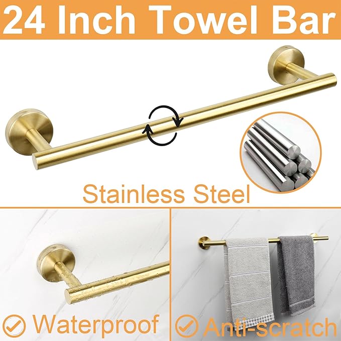 TocTen Bathroom Hardware Set, Thick Stainless Steel Bath Towel Bar Set Including Towel Rack for Bathroom+Toilet Paper Holder+3 Robe Towel Hooks Wall Mount Bathroom Accessory Set(24IN,Brushed Gold)