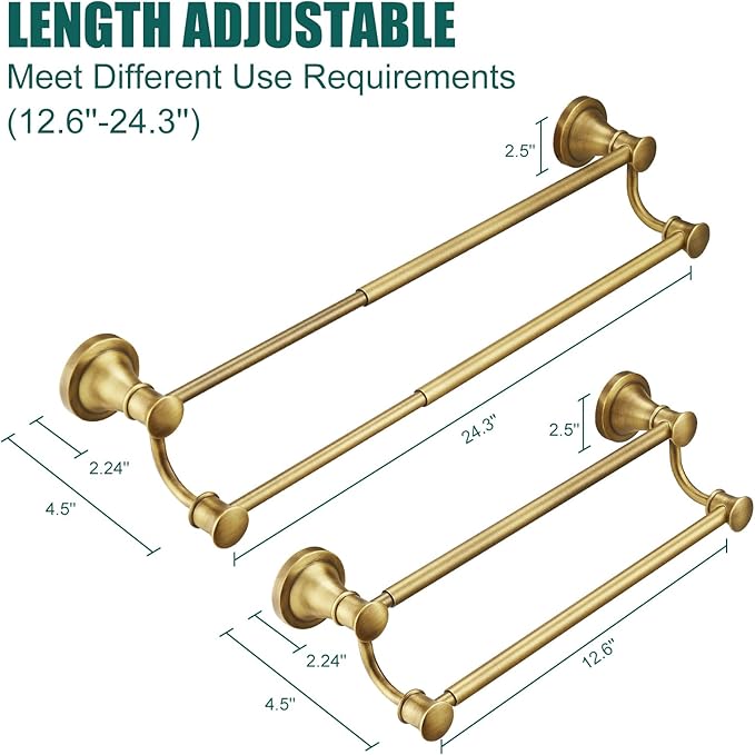 Hoimpro Adjustable Retractable 15-27 Inches Stainless Steel Bathroom Towel Bar, Bathroom Accessories Bath Hotel Double Towel Bar Rod Hanger Wall Mounted Towel Holder Towel Rack, Antique Brass
