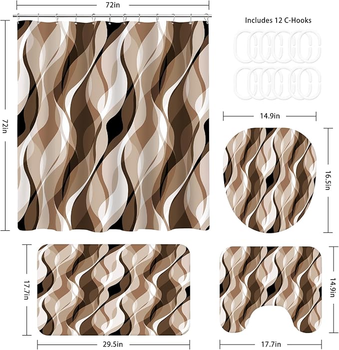 4PCS Brown Bathroom Sets with Shower Curtain and Rugs, Abstract Striped Shower Curtain Sets with Rugs, Modern Luxury Bathroom Curtains Shower Set Accessories
