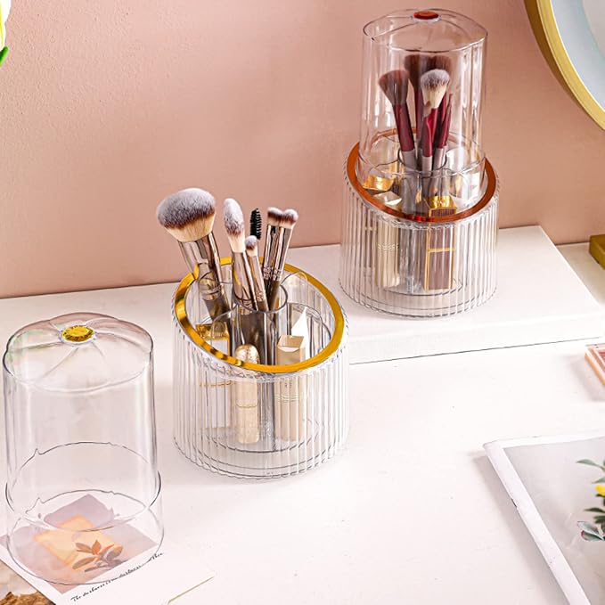 Makeup Brush Organizer, 360° Rotating Makeup Organizer with Lid, Dustproof Cosmetic Brush Holder for Vanity, Cosmetic Storage Box for Desk Bathroom Countertop (Golden)