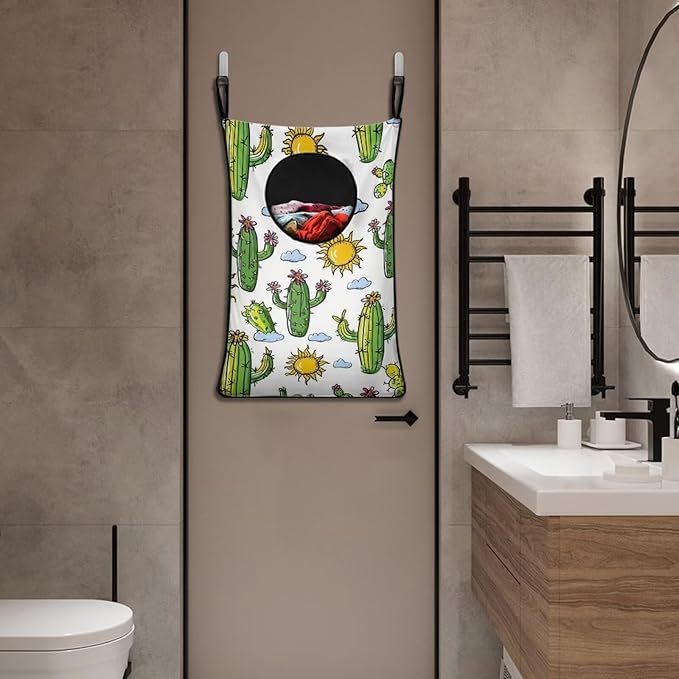 ZOUTAIRONG Sun Cactus Hanging Laundry Hamper Kids Girls Laundry Basket Laundry Hamper Space Saving Home Storage Organizer Dirty Clothes Hampers Hippie Colorful Oil Painting White