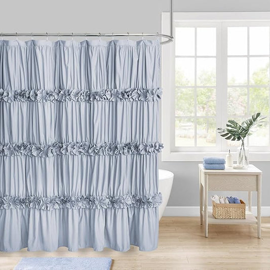 Fog Blue Ruffle Shower Curtain, Vintage Handcrafted Bow Tie Bath Curtain for Master Bathroom, Ruched Microfiber Bathroom Curtain with 12 Buttonholes, 72" W x 72" H (LQ-10)