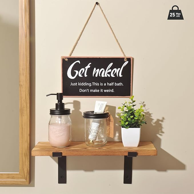 SheeChung Mason Jars Floating Shelves Set for Bathroom - 16oz Soap Dispenser, Toothbrush Holder, 2Pcs Qtip Holders, Paper Storage, Wall Mounted Farmhouse Decor, Artificial Plant, Decor Sign-Brown
