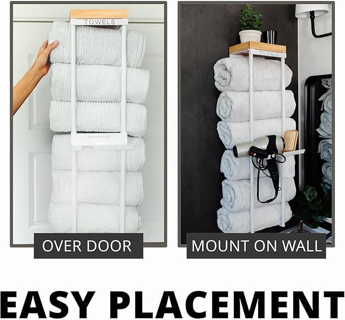 Over The Door/Wall Mounted Towel Rack - Modern Door & Wall Towel Holder for Rolled Towels with Hair Slot Dryer & Multipurpose Cup Holder - Hanging Towel Rack for Bathroom Holds 6 Large Towels - White