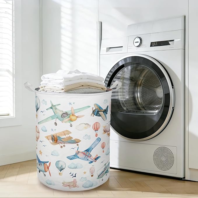 Baby Airplanes Laundry Basket Hamper, Space Kids Nursery Decor, Hot Air Balloon Foldable Clothes Toys Books Storage Box Bins Baskets Organizer for Kids Boys Bedroom Playroom Bathroom