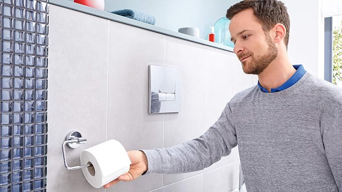 tesa EXXCELLENT Toilet Paper Holder Without Cover - self-Adhesive Paper Hanger - Design, Chrome Metal - 99 mm x 160 mm x 45 mm