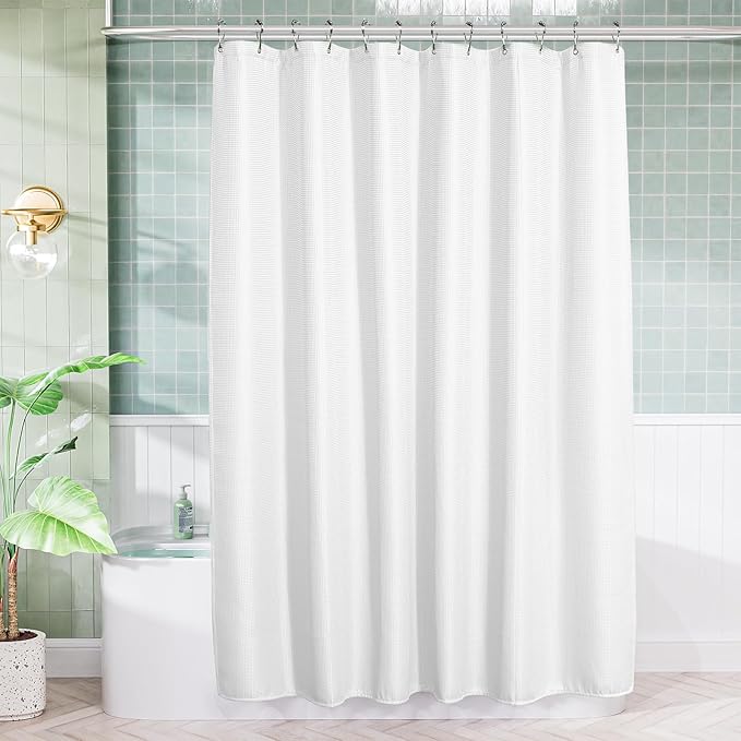 AmazerBath White Shower Curtain 80 Inches Long, Waffle Shower Curtain 72x80 Inches, Long Shower Curtain Fabric, Heavy Duty 240GSM, Hotel Quality, Bathroom Curtain, Premium Polyester