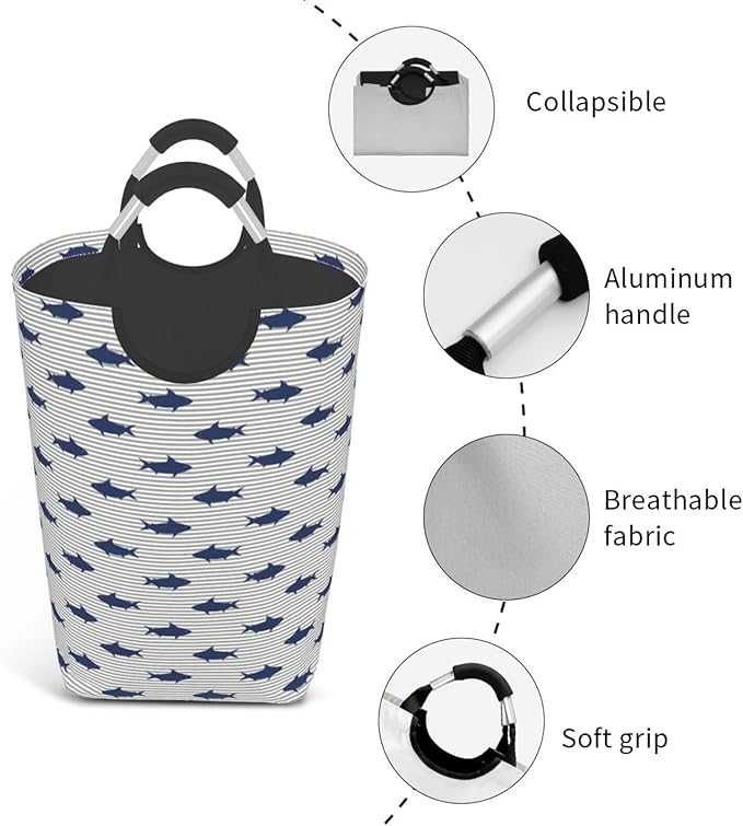 Cute Shark Laundry Basket Ocean Fish Hamper Funny Collapsible Laundry Baskets with Handle Blue Dirty Clothes Hamper Bag for Dorm Family Bathroom Decor Storage 50L