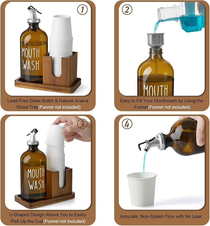 Amber Glass Mouthwash Dispenser for Bathroom, 16 OZ Mouthwash Dispenser with Pour Spout and Acacia Wood Cup Holder and Tray, Mouth Wash Bottle Container for Kitchen Bathroom Decor and Accessories