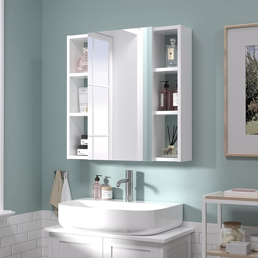 Bathroom Cabinet with Mirror, Wall Cabinet with 2 Mirrored Doors, Adjustable Shelf, Open Compartment, Wall-Mounted, 24x24 Inches, White (Assembly Required)