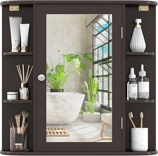 COSTWAY Medicine Cabinet with Mirror, Wall Mounted Bathroom Storage Cabinet with Mirror Door and Adjustable Shelves, Space-Saving Storage Organizer for Living Room Kitchen Entryway (Brown)