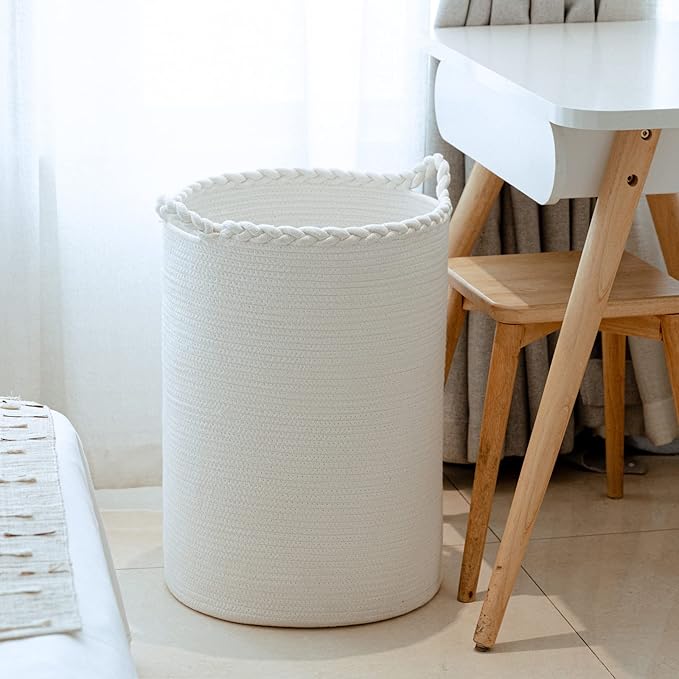 58L Woven Laundry Basket,Cotton Tall Laundry Hamper for Blankets,Clothes,Pillows,Toys,Shoes Large Laundry Bin White