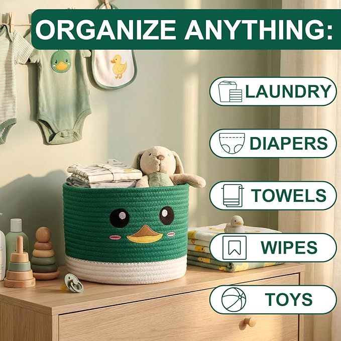 AceOrbit Mallard Ducks Rope Baby Laundry Basket for Boys & Girls, Woodland Nursery Decor, Nursery Storage Basket for Baby Shower Gifts for Essentials Like Diapers Wipes Towels, Machine Wash