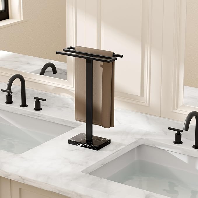 KES Hand Towel Holder Stand, Countertop Towel Stand with Black Marble Base, S-Shape Hand Towel Holder Freestanding for Bathroom 18/8 Stainless Steel All Black, BTH223-BBK