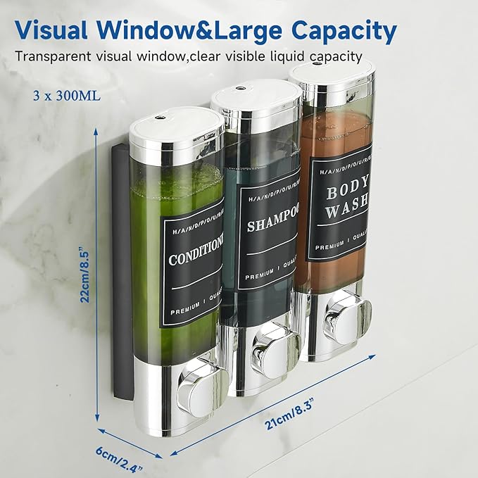 Unisense Shower Soap Dispenser 3 Chamber No Drill Shampoo and Conditioner Dispenser Wall-Mounted Shampoo Dispenser for Shower Wall Mounted Shower Dispenser for Bathroom Hotel Large Capacity,Chrome