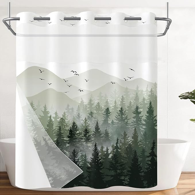 Accnicc No Hook Shower Curtain with Snap in Liner Sage Green Misty Forest Hookless Shower Curtains for Bathroom Foggy Nature Pine Tree Mountain Woodland Waterproof Fabric Bath Curtain Decor 71×74In