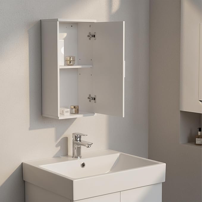Relaxdays bathroom wall cabinet, 2 shelves, HxWxD: 62 x 30 x 21 cm, adjustable shelf, slim design, MDF, white, 100% Fibreboard
