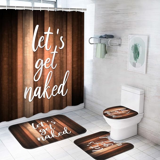 ArtSocket 4PC Let's Get Naked Orange Brown Striped Vintage Abstract Shower Curtain Sets Bathroom Decor with Rugs, Non-Slip Rug,Toilet Lid Cover, Bath Mat and 12 Hooks 72x72 inches