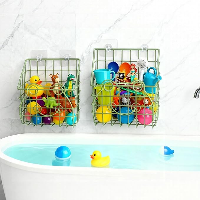 Greentainer 2 PackBath Toy Organizer, Wall Mounted Shower Storage Basket - Metal Bathtub Toy Holder with Hooks for Sorting Kids Toys, Baby Bath Accessories, Toiletries & Shampoo（Green frog）