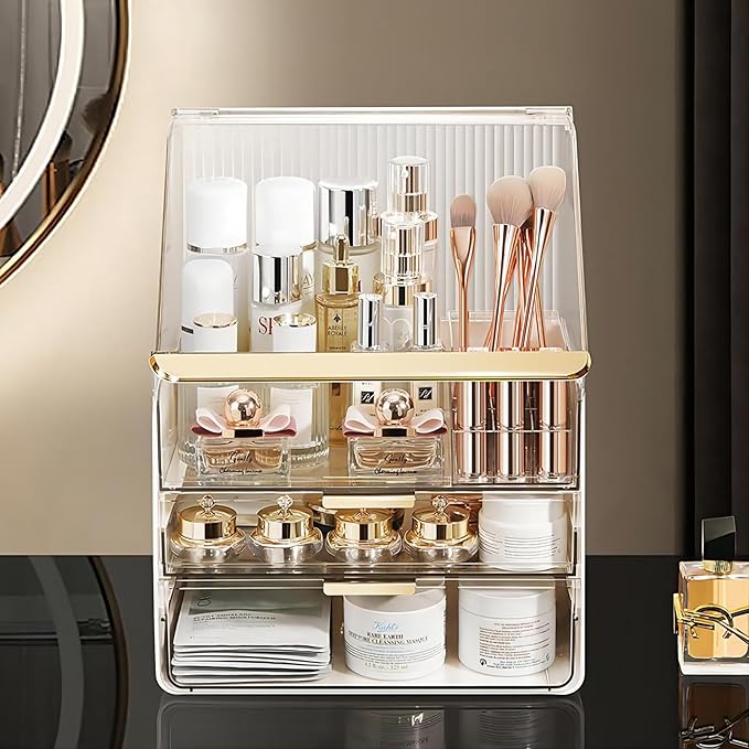 DASITON Dustproof MultiLayer Makeup Brush holder Organizer,Makeup Brush Holder,Makeup Organizers,Large Capacity Desktop Storage Box with Drawer,for Beauty Products...（Clear