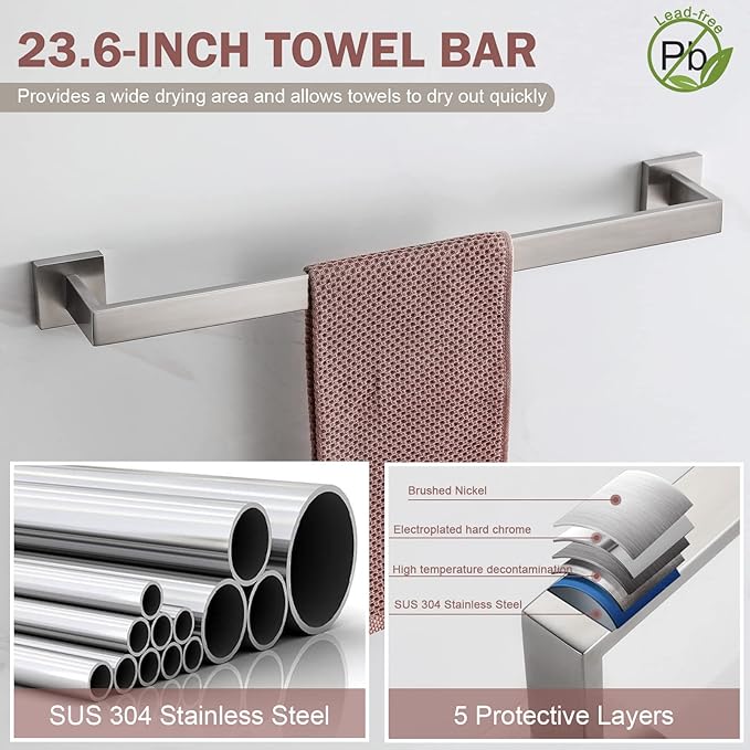 VELIMAX Premium Stainless Steel 4 Pieces Bathroom Hardware Accessories Set Wall Mounted Towel Bar Set, Brushed, 23.6-Inch