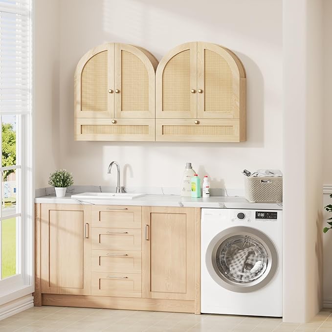 Arched Bathroom Wall Cabinet, Rattan Medicine Cabinet with Drawer, Wall Mounted Hanging Above Toilet Storage Cabinet, Natural 4-Tier Small Over The Toilet Storage Cabinet with Door for Kitchen Laundry