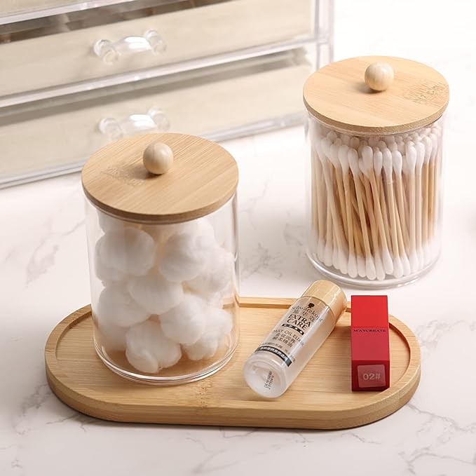 Fixwal Bathroom Soap Dispenser Set, Bamboo Bathroom Accessories Set of 6, Toothbrush Holder, Soap Dispenser, Soap Dish, Tray and 2 Plastic Qtip Medicine Jars with Bamboo Lid