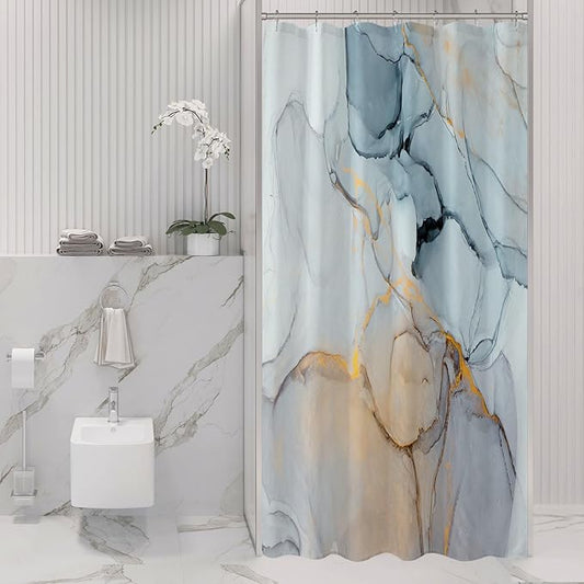 Gibelle Small Stall Shower Curtain 36 x 72, Narrow Half Abstract Grey Blue Marble Shower Curtain, Modern Ink Art Waterproof Fabric Shower Curtain Set with Hooks